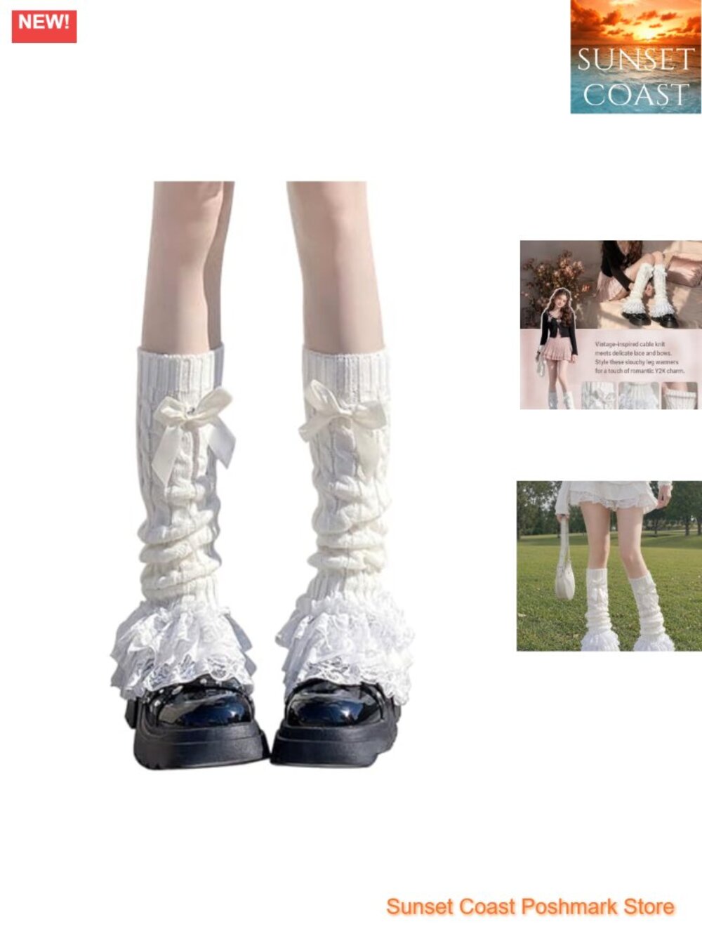 Knit Leg Warmers Bow Lace Trim Knee High Y2K Lolita Costume Accessory
